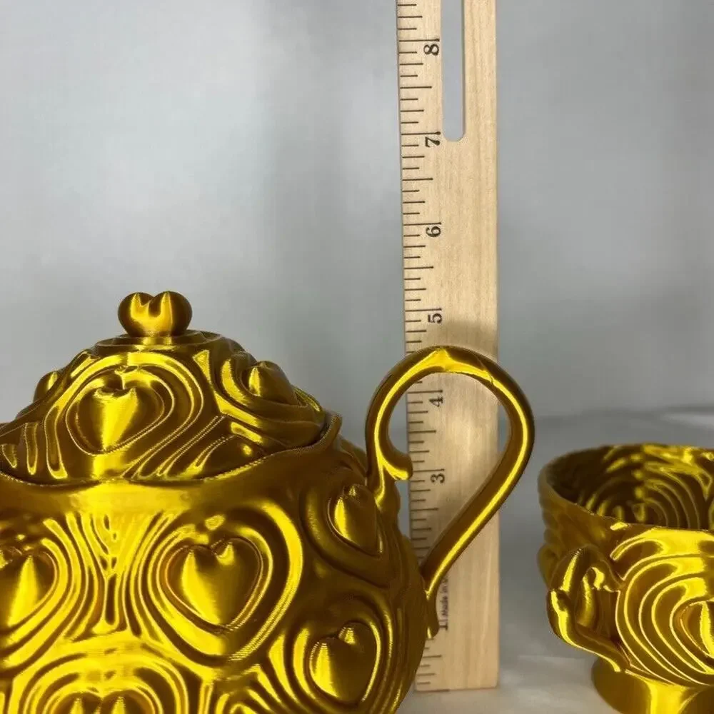 Gold Heart Tea Set Teapot with 2 Cups Ornate Textured Design Decorative Plastic